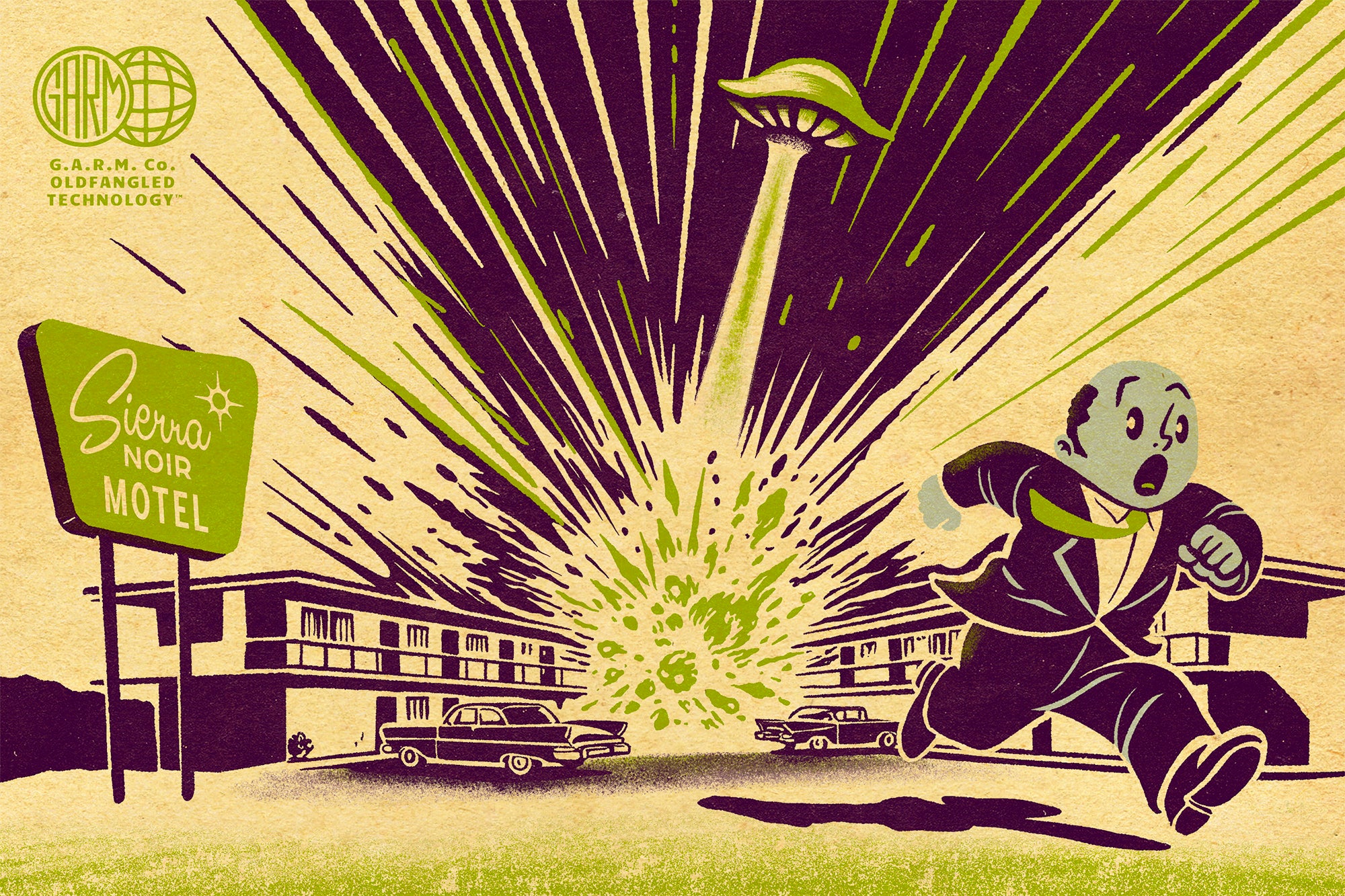 man running from flying saucer explosion outside retro motel in vintage sci fi illustration style