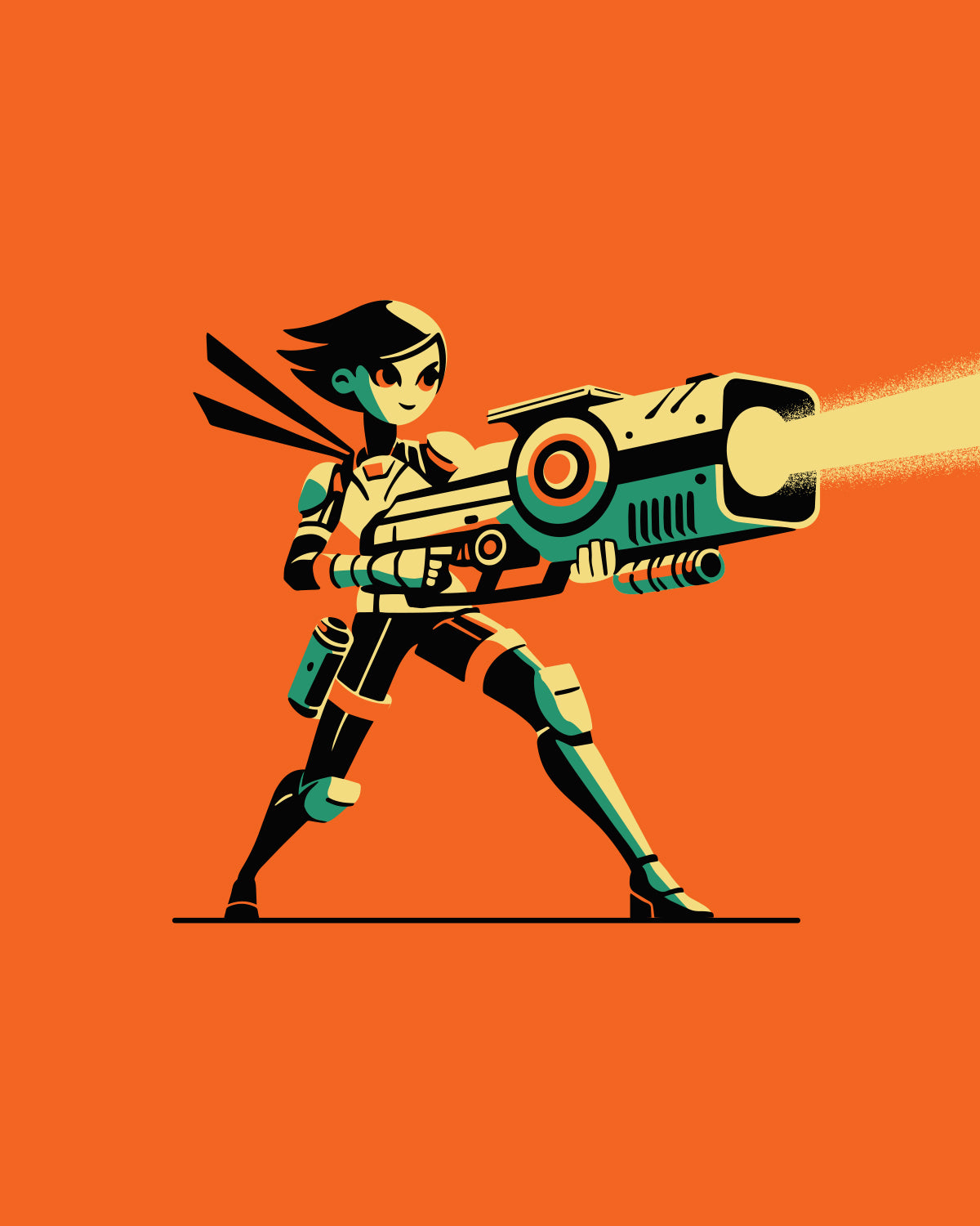 female raygun hero in retro sci fi illustration style with bold graphic shapes
