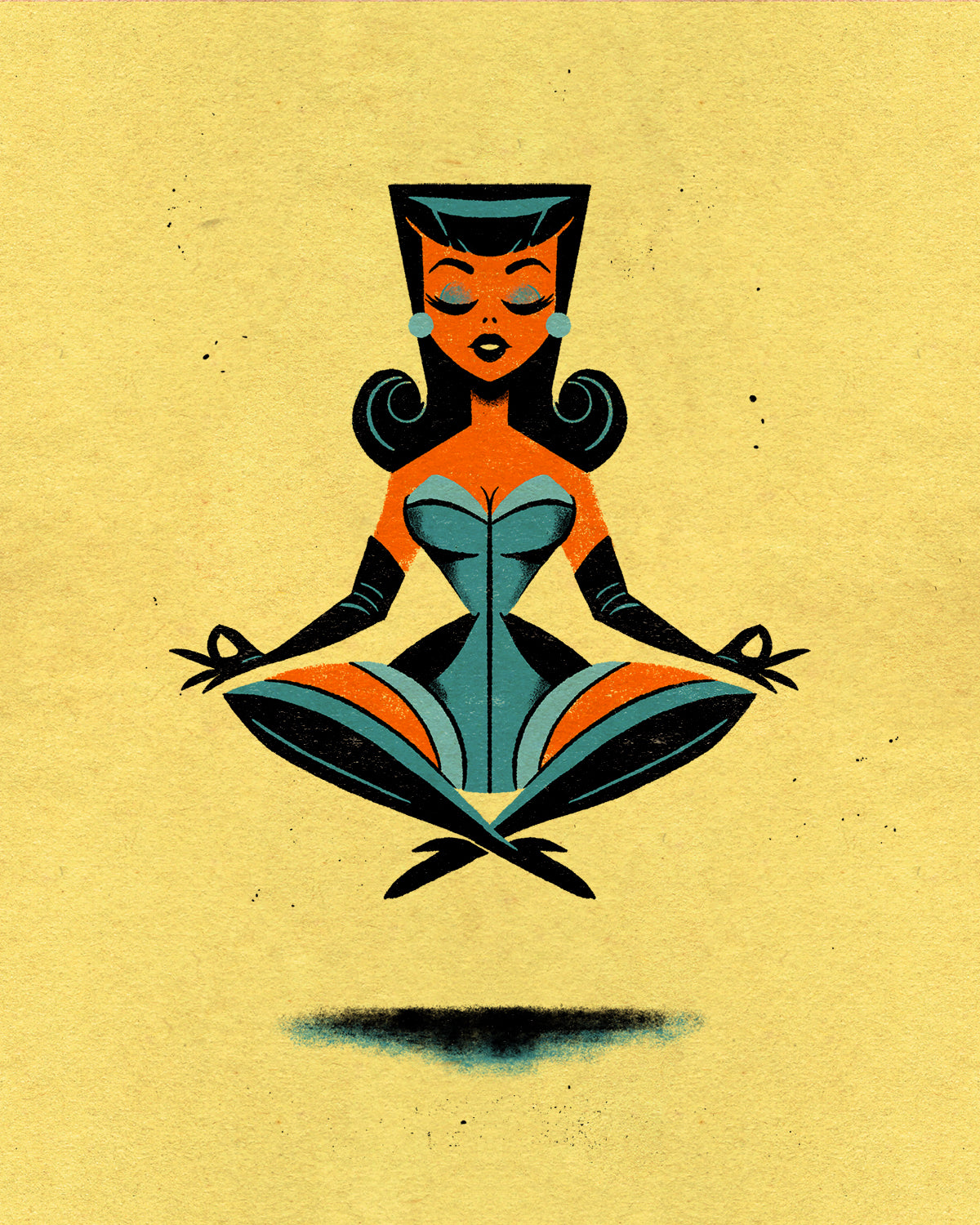 floating woman in atomic age illustration style with symmetrical retro glamour design