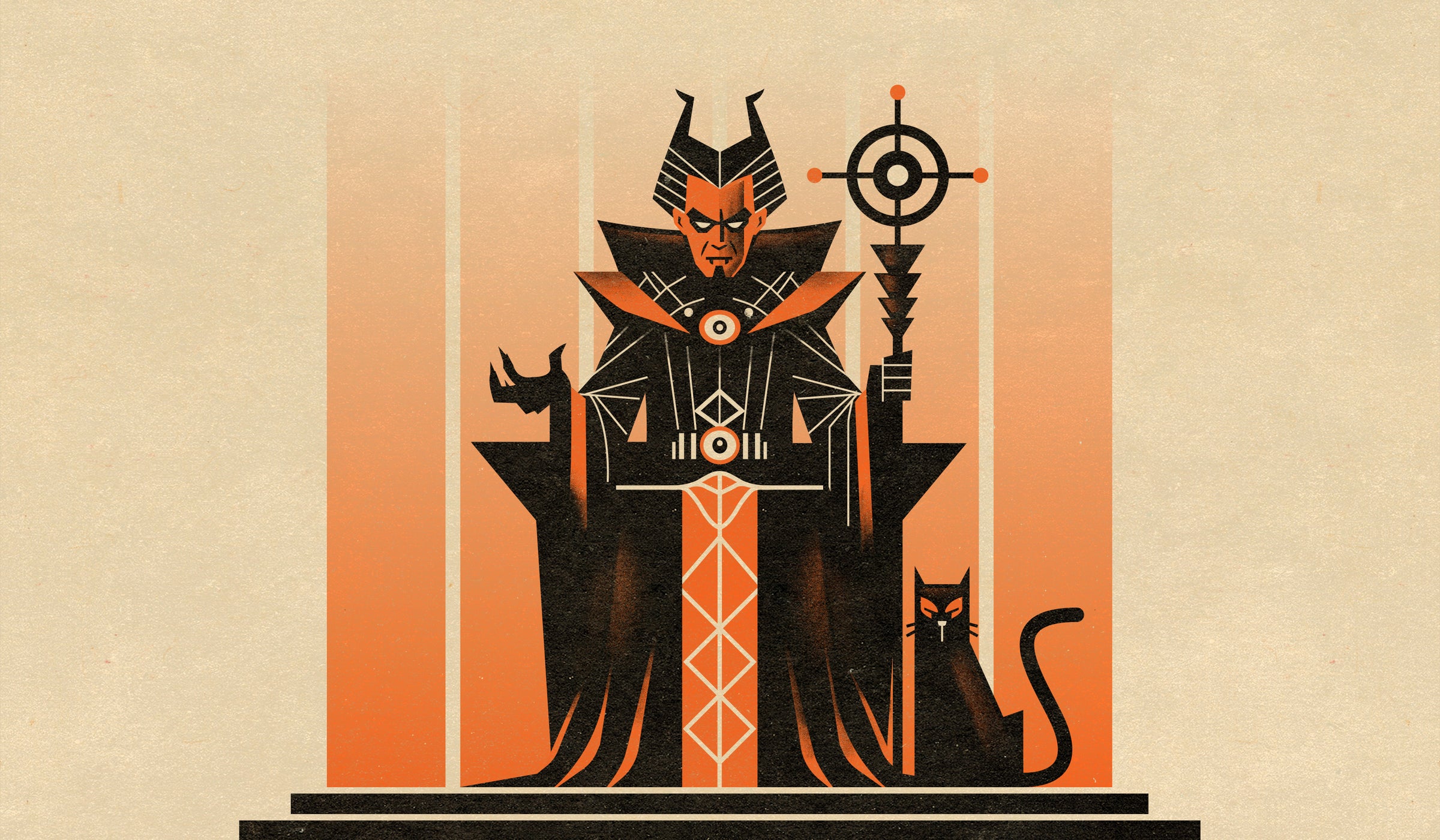 atomic emperor seated on throne with black cat in atomic age illustration style