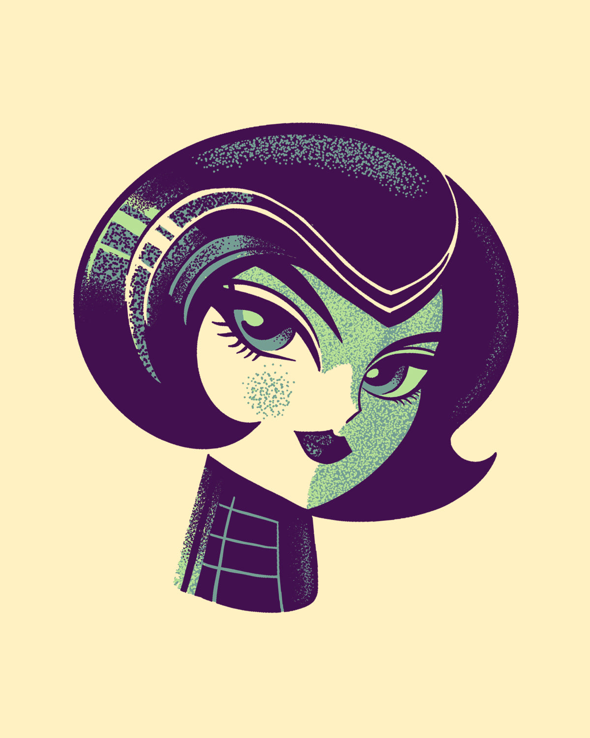 stylized female portrait with halftone texture in atomic age design style