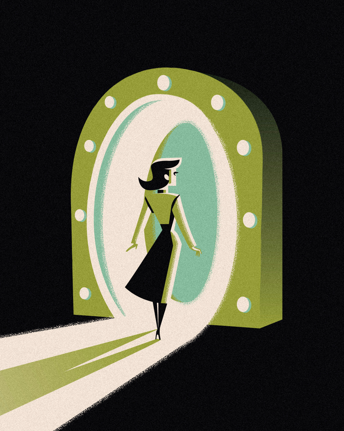 woman stepping through glowing doorway in retro futurist illustration style