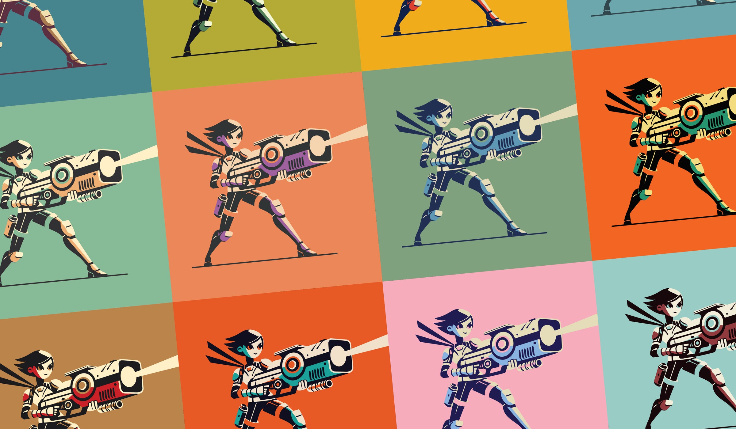 raygun heroine repeated in colorful retro sci fi illustration panels