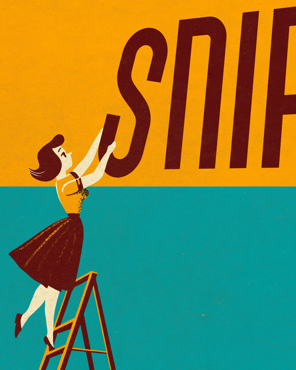 woman on ladder hanging large letters on marquee in vintage advertising illustration style